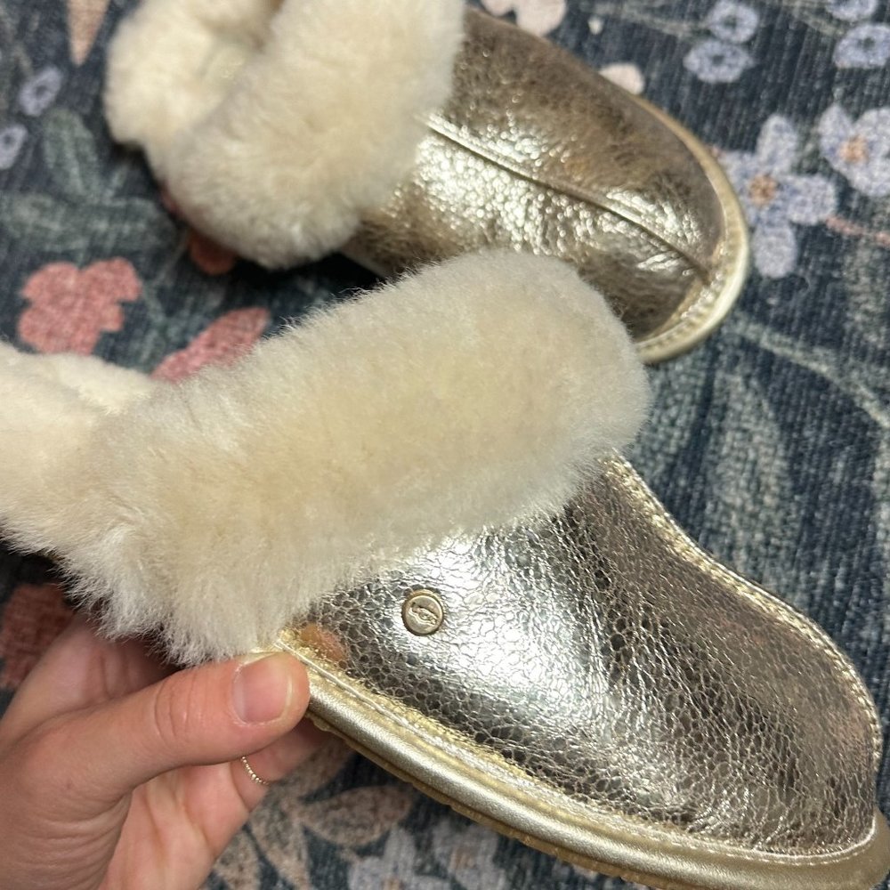 Women's UGG Gold Slippers, Scuffette II, Shearling Leather Metallic Sparkle Gold